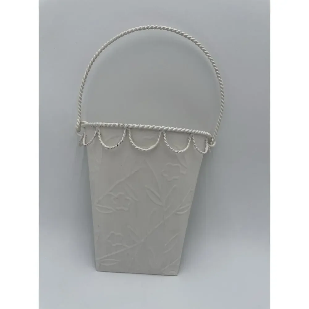 Vintage Style Wall Pocket Hanging Half Bucket Embossed Shabby White Flowers